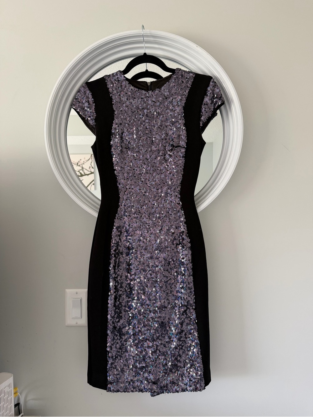 French Connection Black and Lavender Sequin Panel Midi Dress